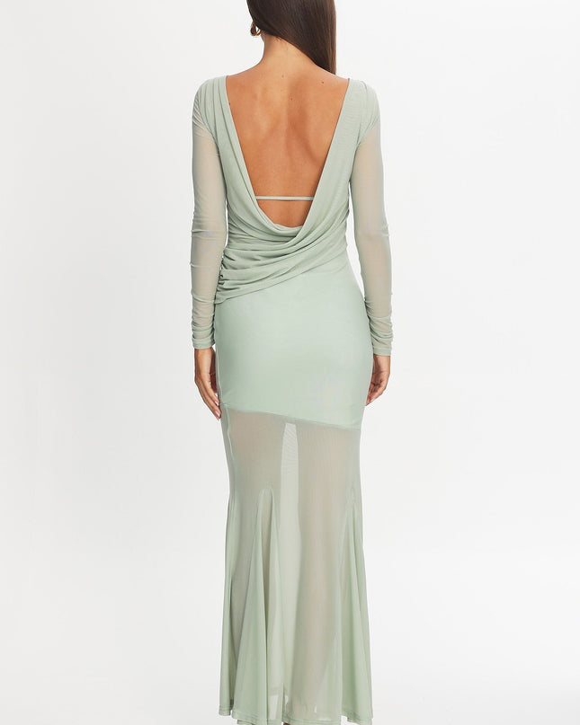 Sage Long Sleeve Open Back Maxi Dress