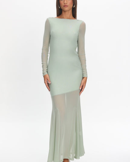 Sage Long Sleeve Open Back Maxi Dress
