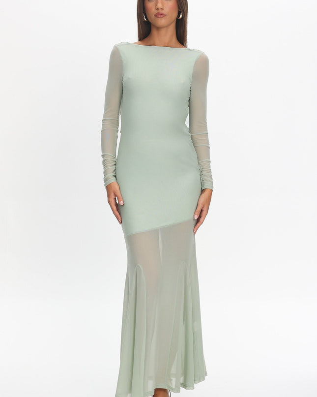Sage Long Sleeve Open Back Maxi Dress