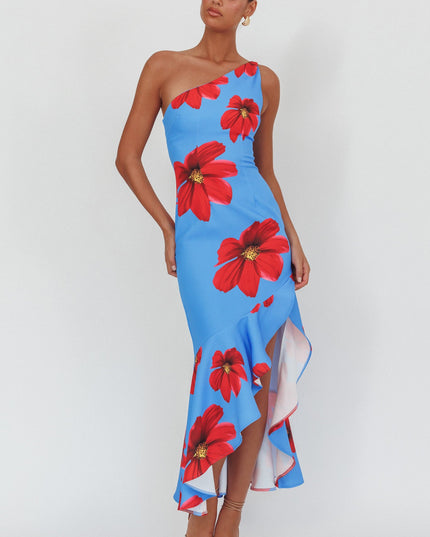Blue One-Shoulder Ruffle Hem Maxi Dress Floral