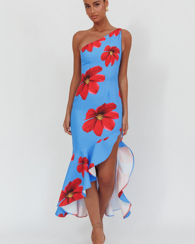 Blue One-Shoulder Ruffle Hem Maxi Dress Floral