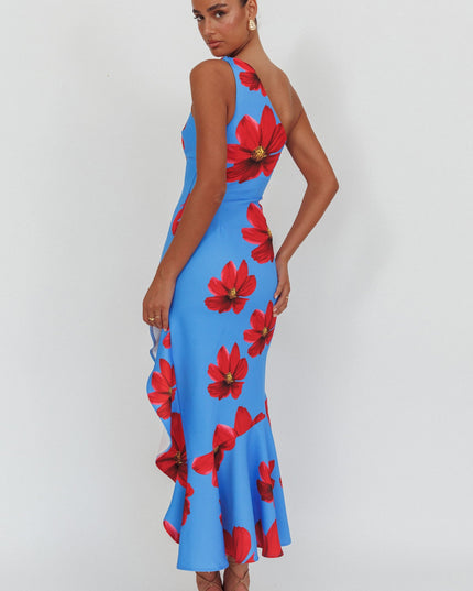 Blue One-Shoulder Ruffle Hem Maxi Dress Floral