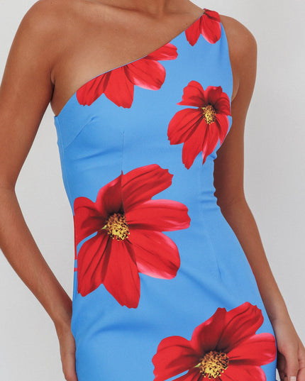Blue One-Shoulder Ruffle Hem Maxi Dress Floral