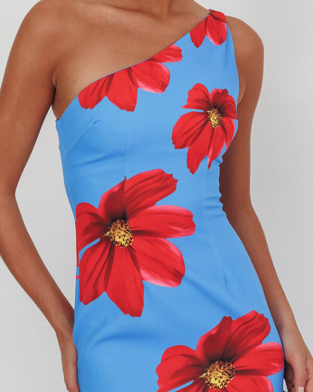Blue One-Shoulder Ruffle Hem Maxi Dress Floral