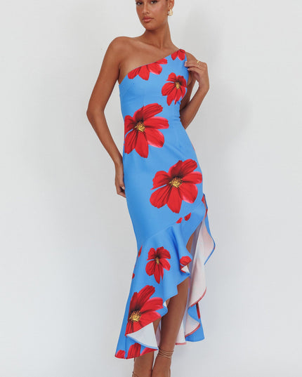 Blue One-Shoulder Ruffle Hem Maxi Dress Floral