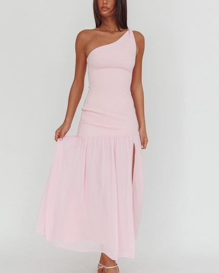 Pink One-Shoulder Drop Waist Maxi Dress