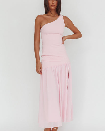 Pink One-Shoulder Drop Waist Maxi Dress