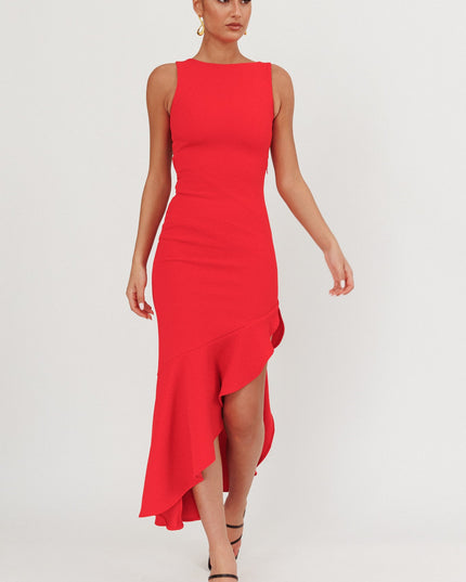 Red Asymmetric Hem Maxi Dress