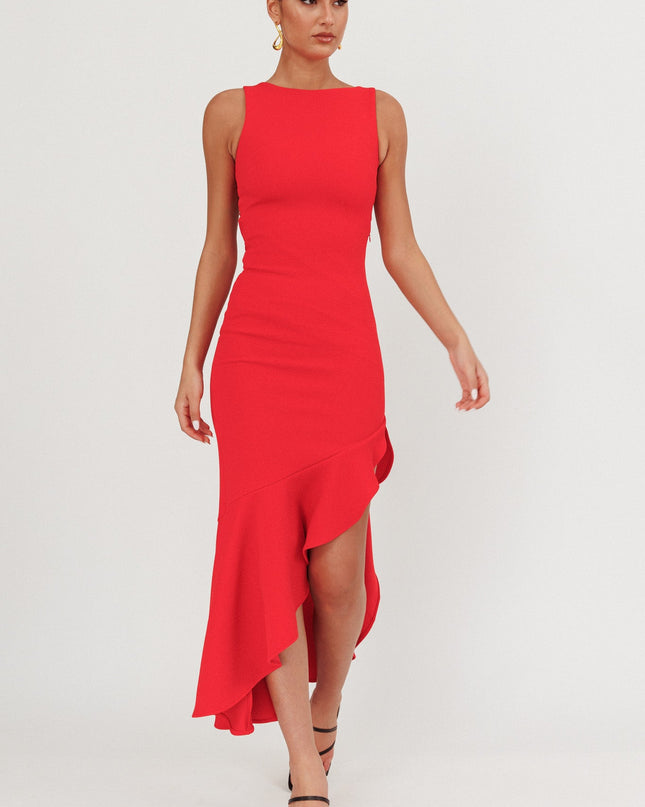 Red Asymmetric Hem Maxi Dress
