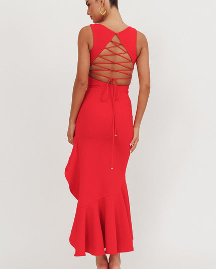 Red Asymmetric Hem Maxi Dress