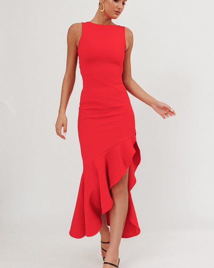 Red Asymmetric Hem Maxi Dress