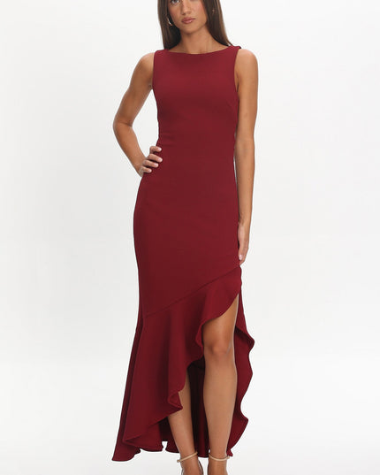 Wine Asymmetric Hem Maxi Dress
