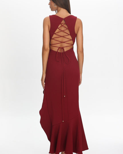Wine Asymmetric Hem Maxi Dress