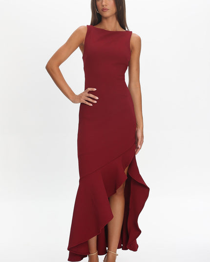 Wine Asymmetric Hem Maxi Dress