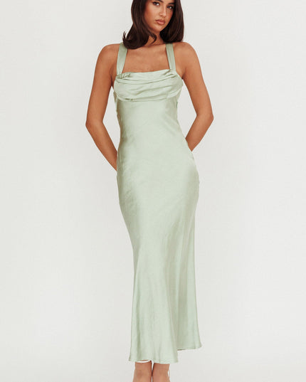 Sage Crossover Back Satin Maxi Dress