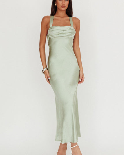 Sage Crossover Back Satin Maxi Dress