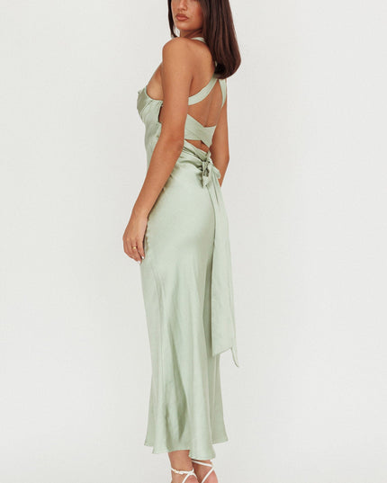 Sage Crossover Back Satin Maxi Dress