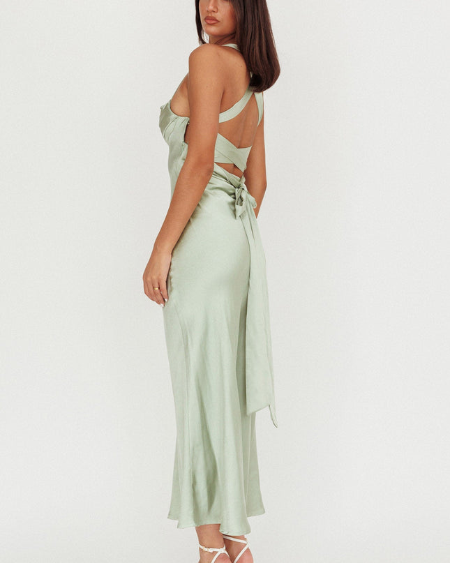 Sage Crossover Back Satin Maxi Dress