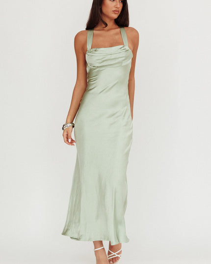Sage Crossover Back Satin Maxi Dress