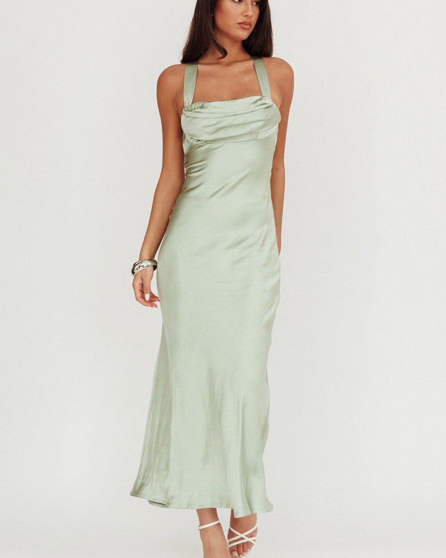 Sage Crossover Back Satin Maxi Dress