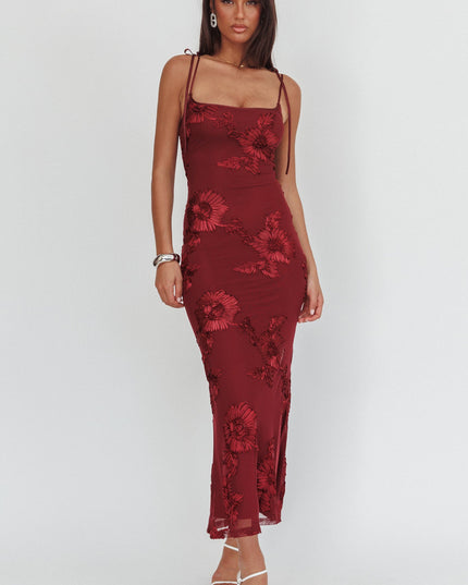 Wine Tied Shoulder Maxi Dress Embellished