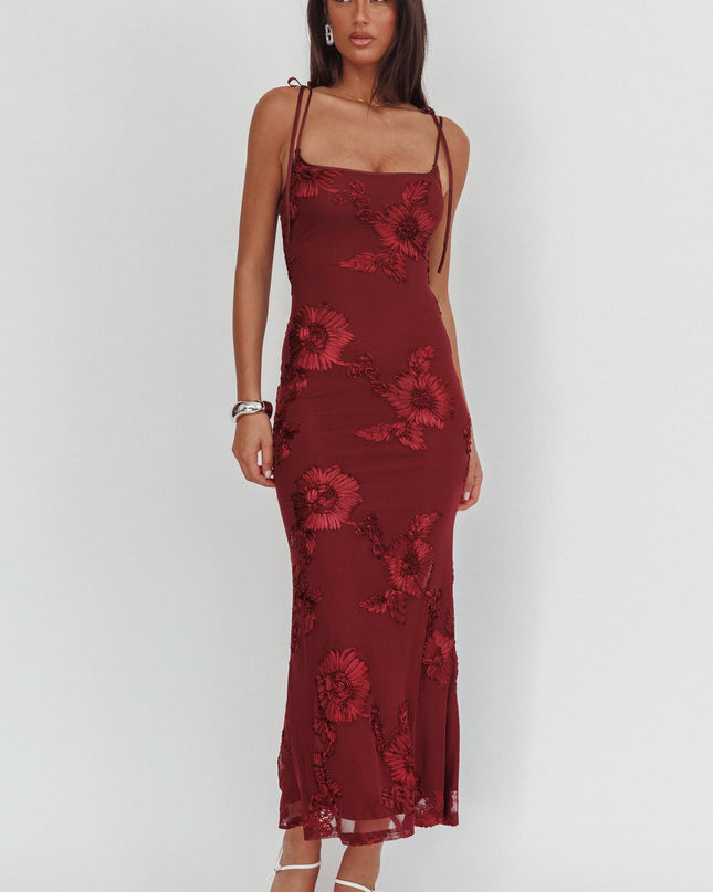 Wine Tied Shoulder Maxi Dress Embellished