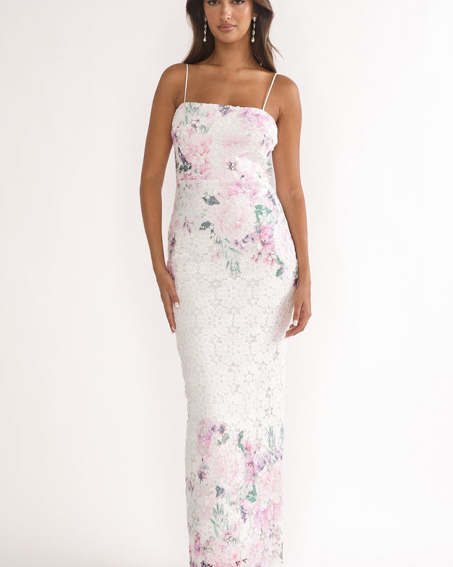Pink Crochet Overlay Maxi Dress Floral