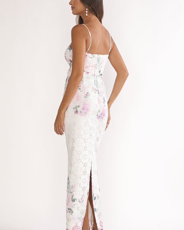 Pink Crochet Overlay Maxi Dress Floral