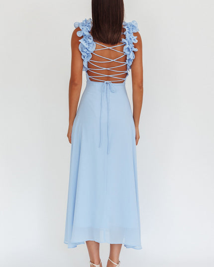 Blue Lace-Up Back Maxi Dress