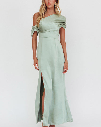 Sage Asymmetric Shoulder Maxi Dress