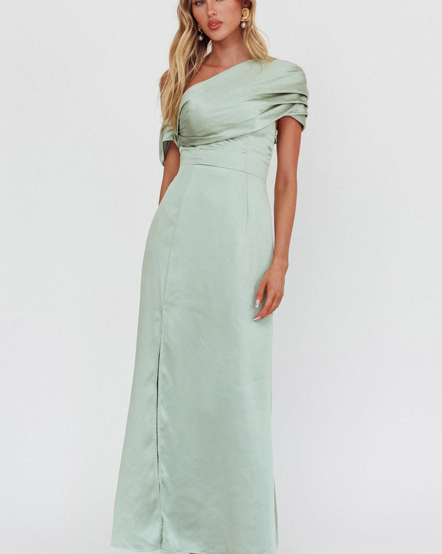 Sage Asymmetric Shoulder Maxi Dress