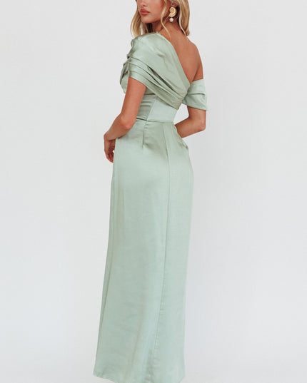 Sage Asymmetric Shoulder Maxi Dress
