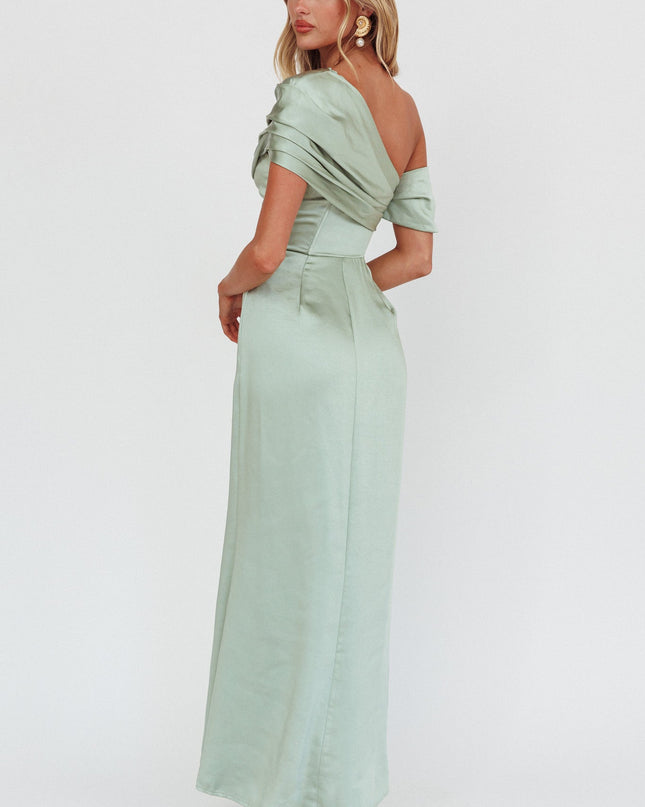 Sage Asymmetric Shoulder Maxi Dress
