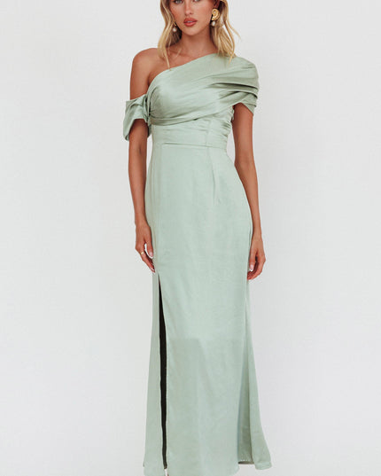 Sage Asymmetric Shoulder Maxi Dress