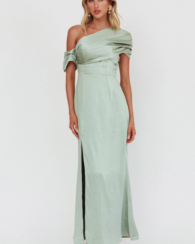 Sage Asymmetric Shoulder Maxi Dress
