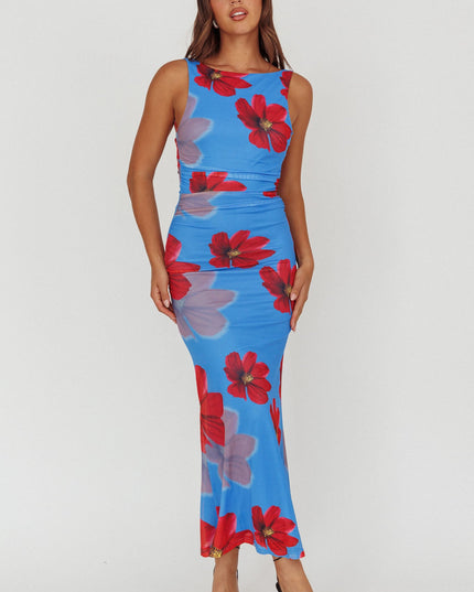 Blue Low Back Maxi Dress Floral