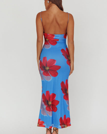 Blue Low Back Maxi Dress Floral