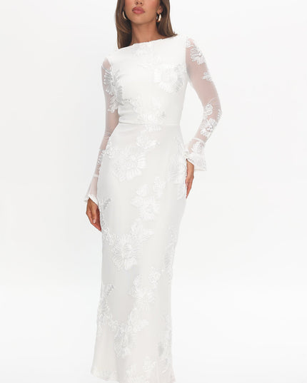White Long Sleeve Embellished Maxi Dress