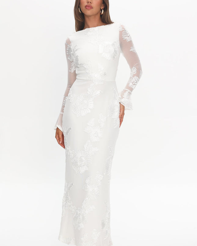 White Long Sleeve Embellished Maxi Dress
