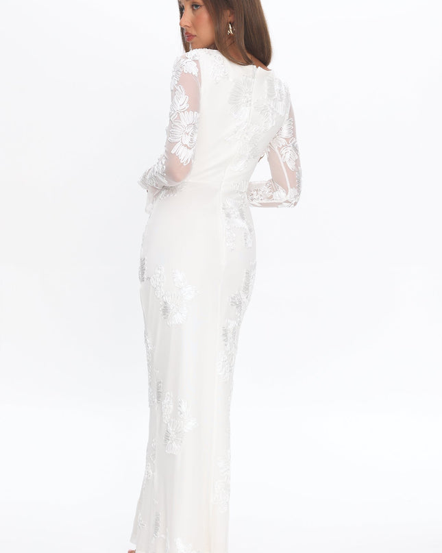 White Long Sleeve Embellished Maxi Dress