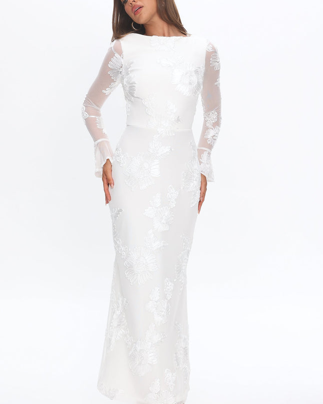 White Long Sleeve Embellished Maxi Dress