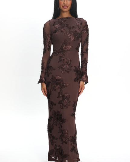 Brown Long Sleeve Embellished Maxi Dress