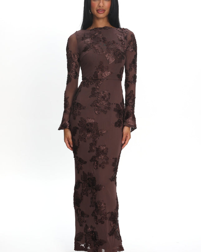 Brown Long Sleeve Embellished Maxi Dress