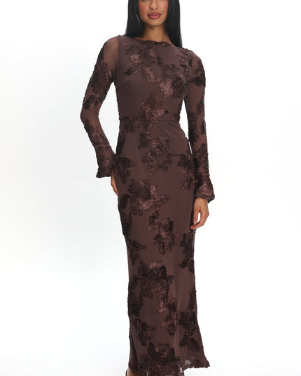 Brown Long Sleeve Embellished Maxi Dress