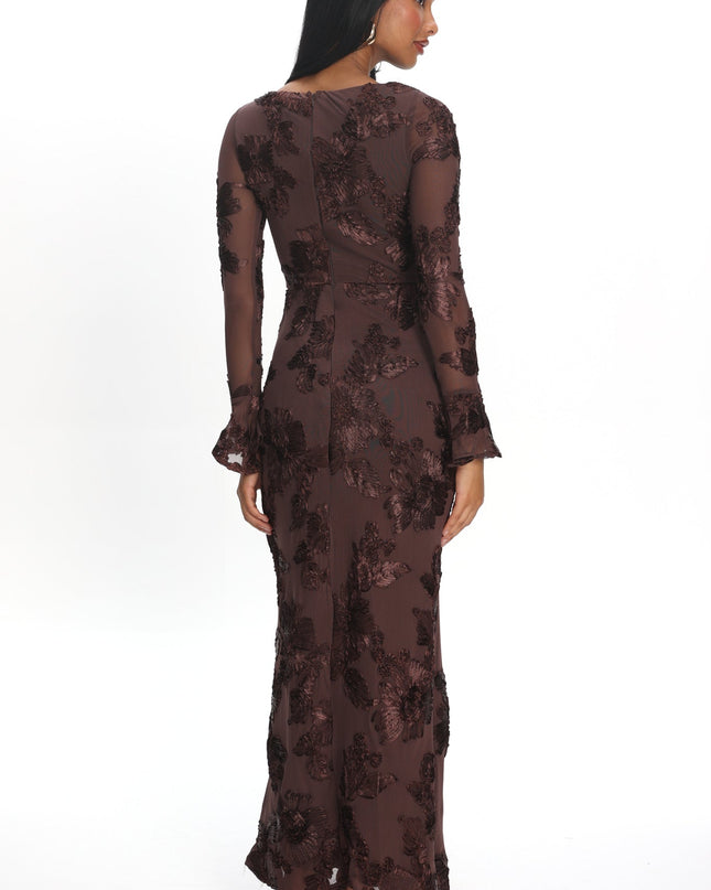 Brown Long Sleeve Embellished Maxi Dress