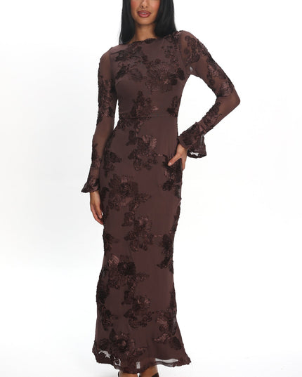 Brown Long Sleeve Embellished Maxi Dress