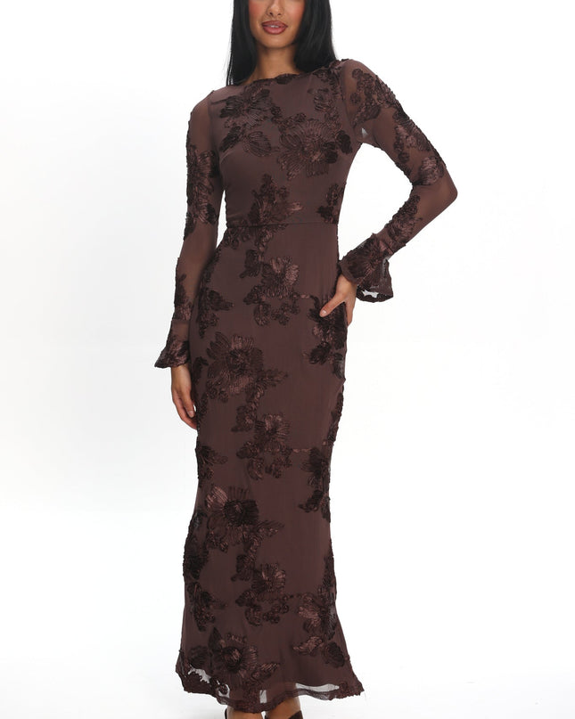 Brown Long Sleeve Embellished Maxi Dress