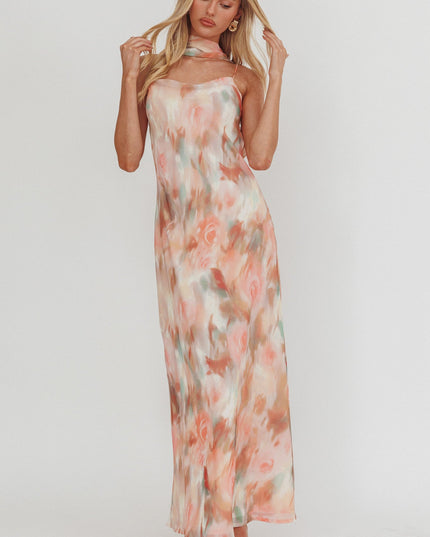Pink Cowl Back Maxi Dress Print