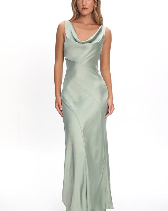 Sage Cowl Neck Open Back Maxi Dress