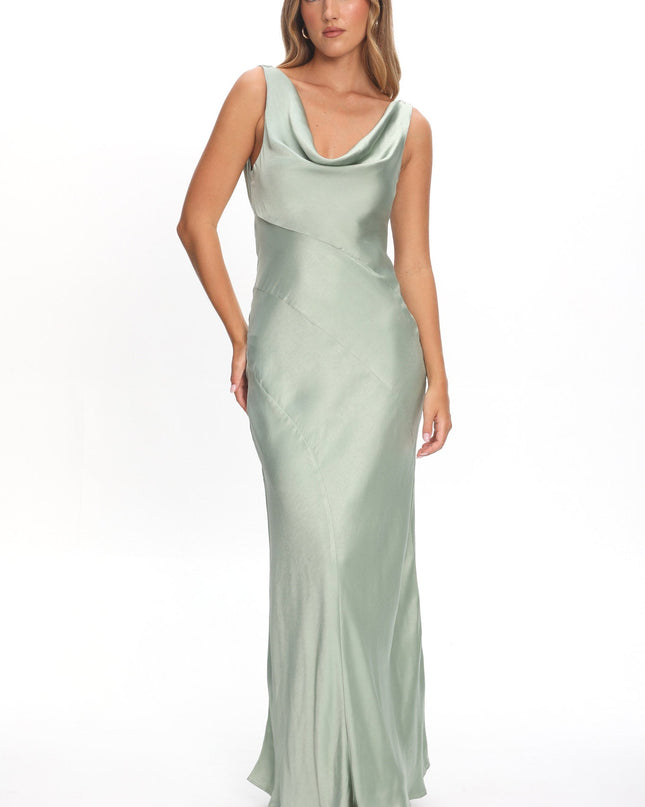 Sage Cowl Neck Open Back Maxi Dress